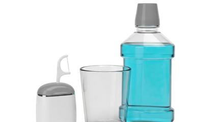 Dental hygiene products: mouthwash, glass, and dental floss dispenser