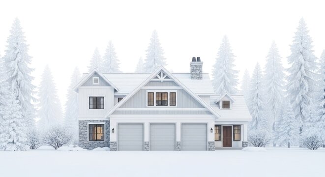 A snow-covered house with three garages in a snowy landscape.