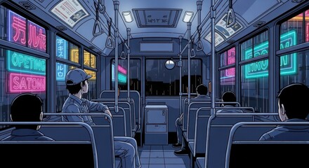 Fototapeta premium Figures observe illuminated city signs from inside a public transport vehicle during nighttime rain
