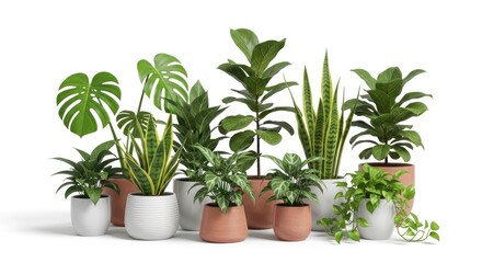 Fototapeta premium A collection of houseplants in various pots, including snake plants, monstera, and pothos.