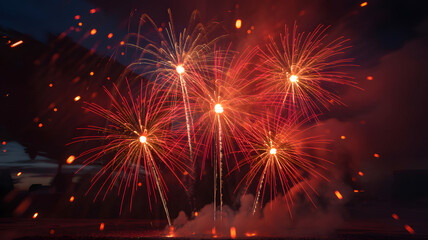 Grand red orange fireworks explosions illuminate the dark night sky with glowing