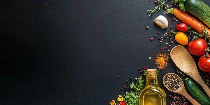 Black background with copy space on the right side for text, featuring an array of fresh vegetables and spices along one edge. A wooden spoon is scattered around to showcase cooking equipment