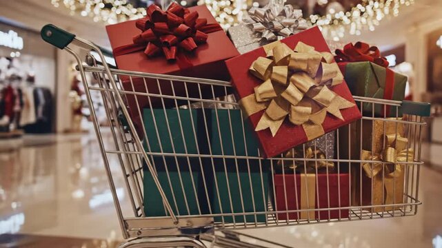 Shopping Cart Full of Christmas Gifts - A shopping cart is filled with colorful wrapped Christmas gifts, each adorned with festive bows.