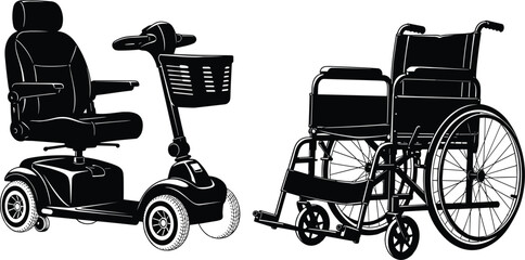 Set of mobility aids silhouettes with electric power scooter and manual wheelchair, accessibility equipment for disabled people, flat vector illustration cad drawing © MstMaher