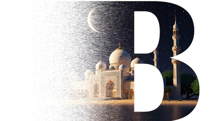 Creative alphabet letter B featuring a majestic mosque under a crescent moon night sky with artistic digital glitch and dispersion effect on a black background, perfect for Islamic design themes.