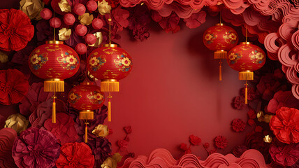Vibrant red traditional Chinese lanterns with gold details framed by festive pap