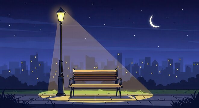 Illuminated park bench stands beneath a gaslight against a backdrop of distant city lights and a crescent moon.