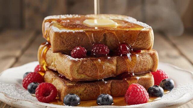 Stack of French Toast with Berries and Maple Syrup - This video shows a stack of three pieces of french toast topped with powdered sugar, raspberries, and blueberries on a plate.