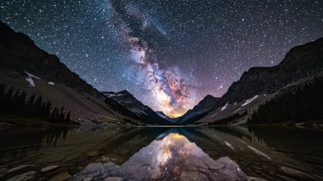 Milky Way Over Mountain Lake - A stunning view of the Milky Way galaxy arches over a still mountain lake, creating a perfect reflection of the starry sky.
