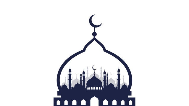 Stylized Vector Silhouette of a Mosque Dome and Cityscape with Crescent Moon, Embodying Islamic Faith, Culture, and Spiritual Celebration for Sacred Events and Holidays