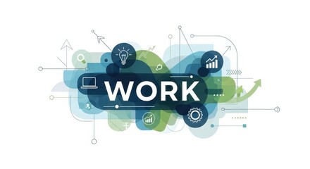 Obraz premium Business concept prominently displays the word 'work' surrounded by technology and growth icons