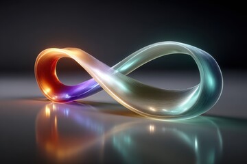 Glowing Infinity Symbol with Warm and Cool Light Gradient on Reflective Surface endless loop mathematics