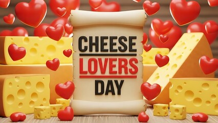 Celebratory three dimensional rendering advertises cheese lovers day featuring stacks of Swiss cheese wedges surrounded by floating and resting red heart symbols against a warm brown background design