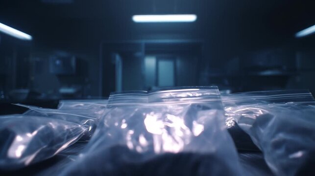 Sealed evidence bags on stainless tabletop under blue light