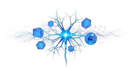 A blue and white abstract neural network with blue cubes and spheres in a digital space.