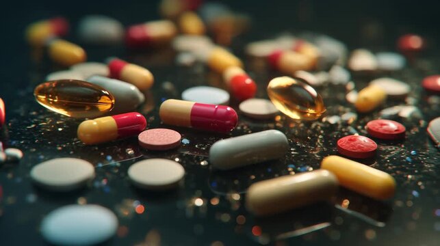 Colorful medication pills glistening against moody background scene