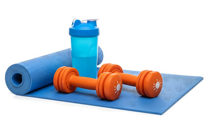 Blue yoga mat with orange dumbbells and shaker bottle
