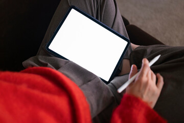 Casual Person Using Tablet With Stylus In Hand, Blank Screen
