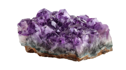 Amethyst geode cluster showing vibrant purple crystals, natural quartz mineral rock formation on transparent background