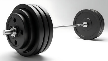 Black barbell with stacked weight plates on white background