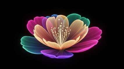 A vibrant, colorful flower with a gradient of colors, including pink, purple, green, and blue, against a black background.