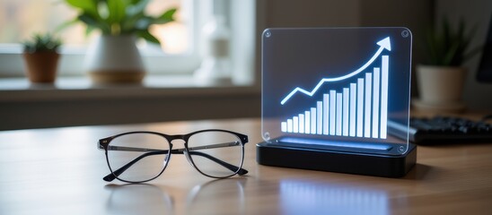 Modern workspace featuring glasses and a graph light display illustrating growth.