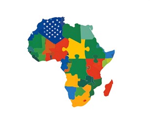 Fototapeta premium A colorful, puzzle-piece map of Africa, with the US flag forming part of its northern region. Different regions are multi-colored