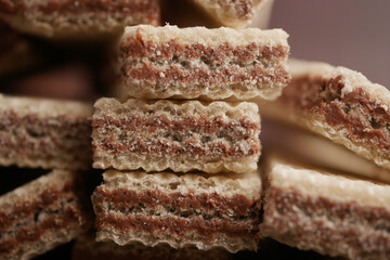 Layers of wafer cookies stacked together on a table