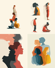Modern abstract illustration of human profiles and overlapping faces representing identity diversity emotion and inner thoughts for psychology and social concept design.