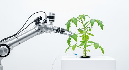 A robotic arm is interacting with a small green plant on a white surface.
