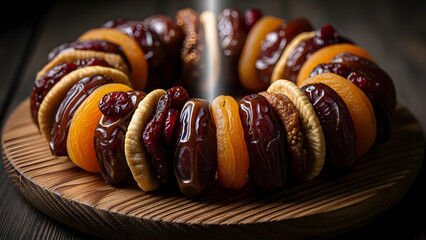 A decadent bundt cake adorned with glazed citrus fruits displayed on a wooden platter, captured from a top-down viewpoint.