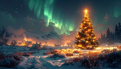 A festive Christmas scene features a lit tree, village, snowy landscape and ethereal aurora borealis