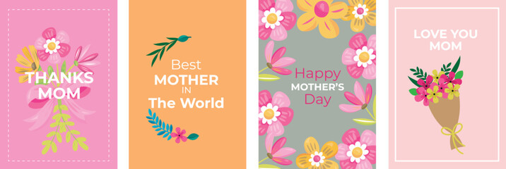 Trendy Mother's Day card collection with colorful floral bouquets and heartfelt messages expressing love and gratitude for mom.
