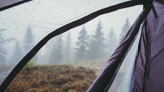 Peaceful foggy forest view from inside a tent on a rainy morning