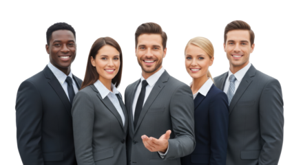 A group of five business professionals standing together, smiling and looking at the camera.
