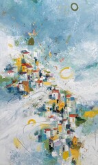 Fototapeta premium Abstract Village Scene with Colorful Buildings and Sky