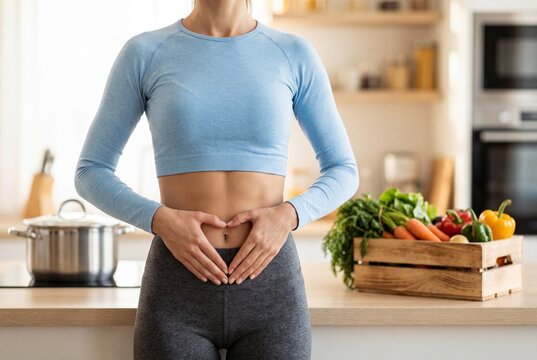 Fit woman in sportswear making heart shape with hands on stomach in kitchen with fresh vegetables