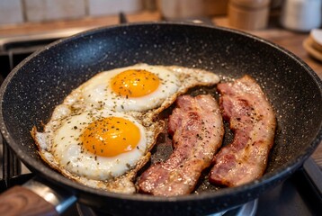 Two sunny side up eggs and crispy bacon strips frying in a hot black skillet for a morning breakfast