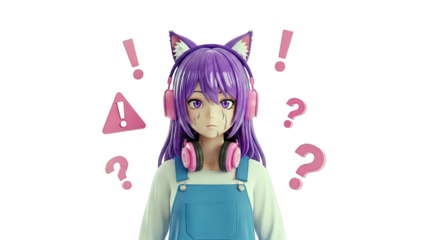 Anime Cat Girl with Headphones and Question Marks