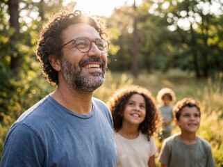 Smiling bearded man with glasses standing in sunny woods with happy kids in background