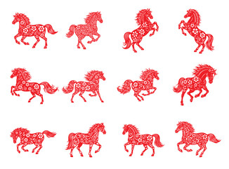 Set of Ornate Red Horses Lunar year