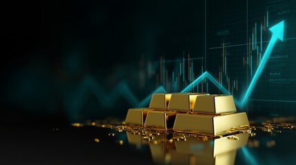 Gold bars reflect investment demand during market volatility. Financial chart signals asset growth and capital protection. Precious metal trading illustrates wealth preservation strategy