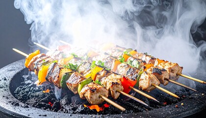 Grilling succulent meat and vibrant vegetable skewers over glowing charcoal, creating an appetizing aroma and smoky atmosphere for a perfect outdoor meal