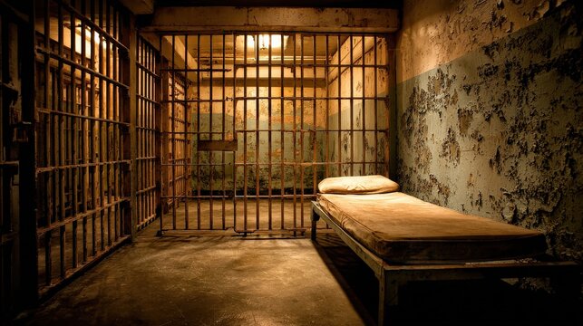 A dimly lit prison cell featuring a bare mattress on a metal bed frame, surrounded by rusty bars and peeling walls.