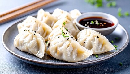 A tempting display of freshly steamed Asian dumplings, beautifully arranged on a rustic plate with a flavorful dipping sauce, ready for a delightful culinary journey