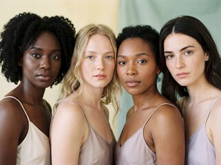 Obraz premium Diverse group of four beautiful women with natural skin posing together in neutral colored tops