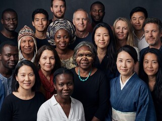 Diverse global community portrait featuring people of various ethnicities and ages smiling