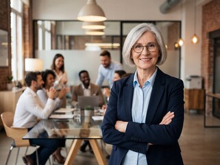 Confident senior businesswoman with glasses and crossed arms standing before office team meeting
