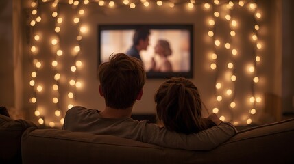 Naklejka premium Romantic couple watching movie together on sofa with warm fairy light ambiance, cozy home interior, intimacy, relaxation, and modern lifestyle concept