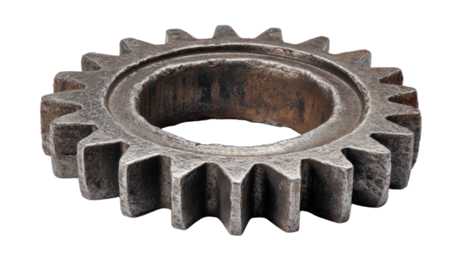 Rusty metal gear cog wheel, conveying industrial mechanics, engineering, and manufacturing. Isolated with a transparent background - Powered by Adobe